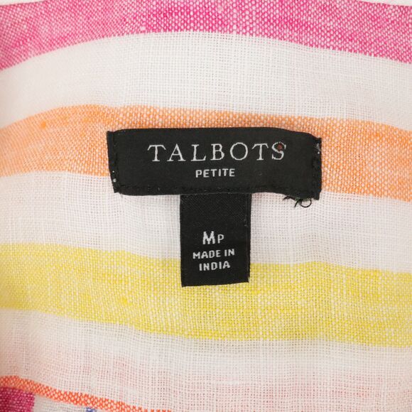 Talbots Top Petites MP PM Linen Blouse Blue Pink Yellow Stripe Beach Resort - Picture 3 of 14